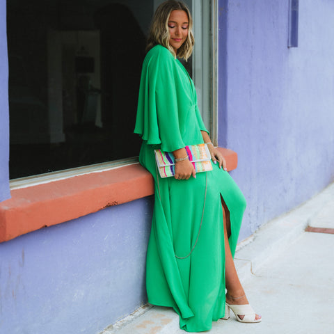 Gorgeous green maxi dress with colorful beaded purse from endurotourserbia boutique in Latvia City